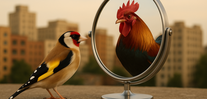 Goldfinch and Rooster Reflection