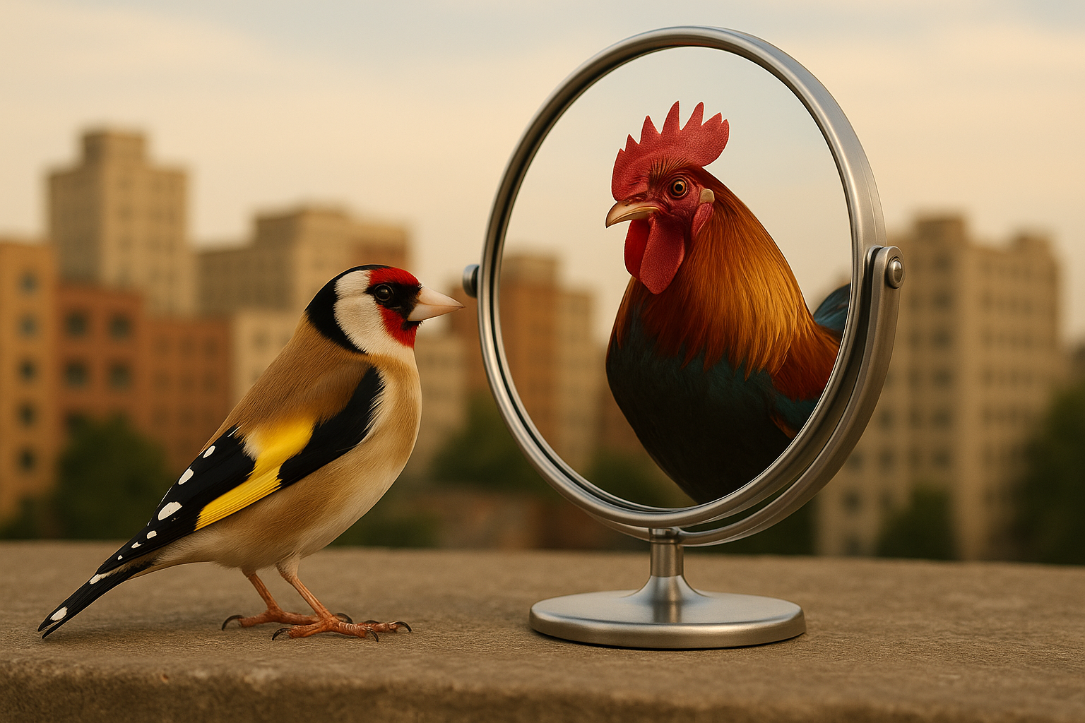 Goldfinch and Rooster Reflection