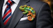 Vibrant chameleon on a suit lapel