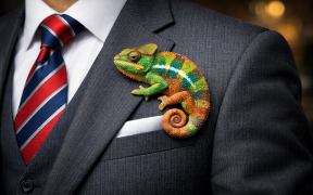 Vibrant chameleon on a suit lapel