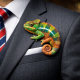 Vibrant chameleon on a suit lapel