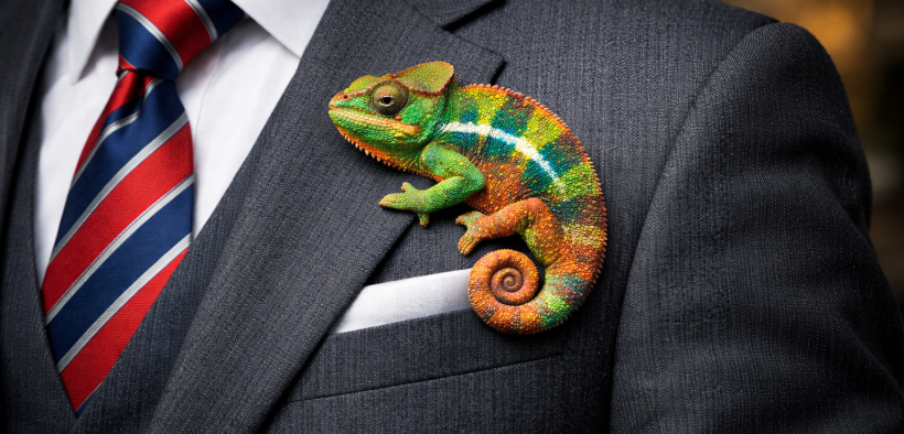 Vibrant chameleon on a suit lapel