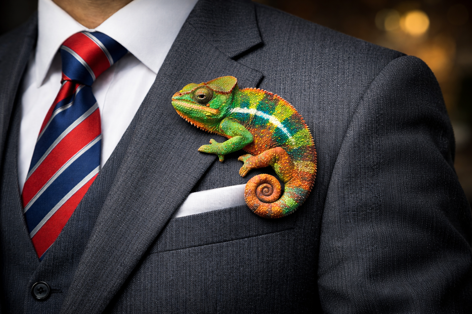 Vibrant chameleon on a suit lapel