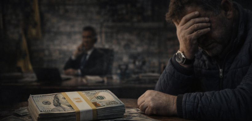 A tense moment with stacks of cash