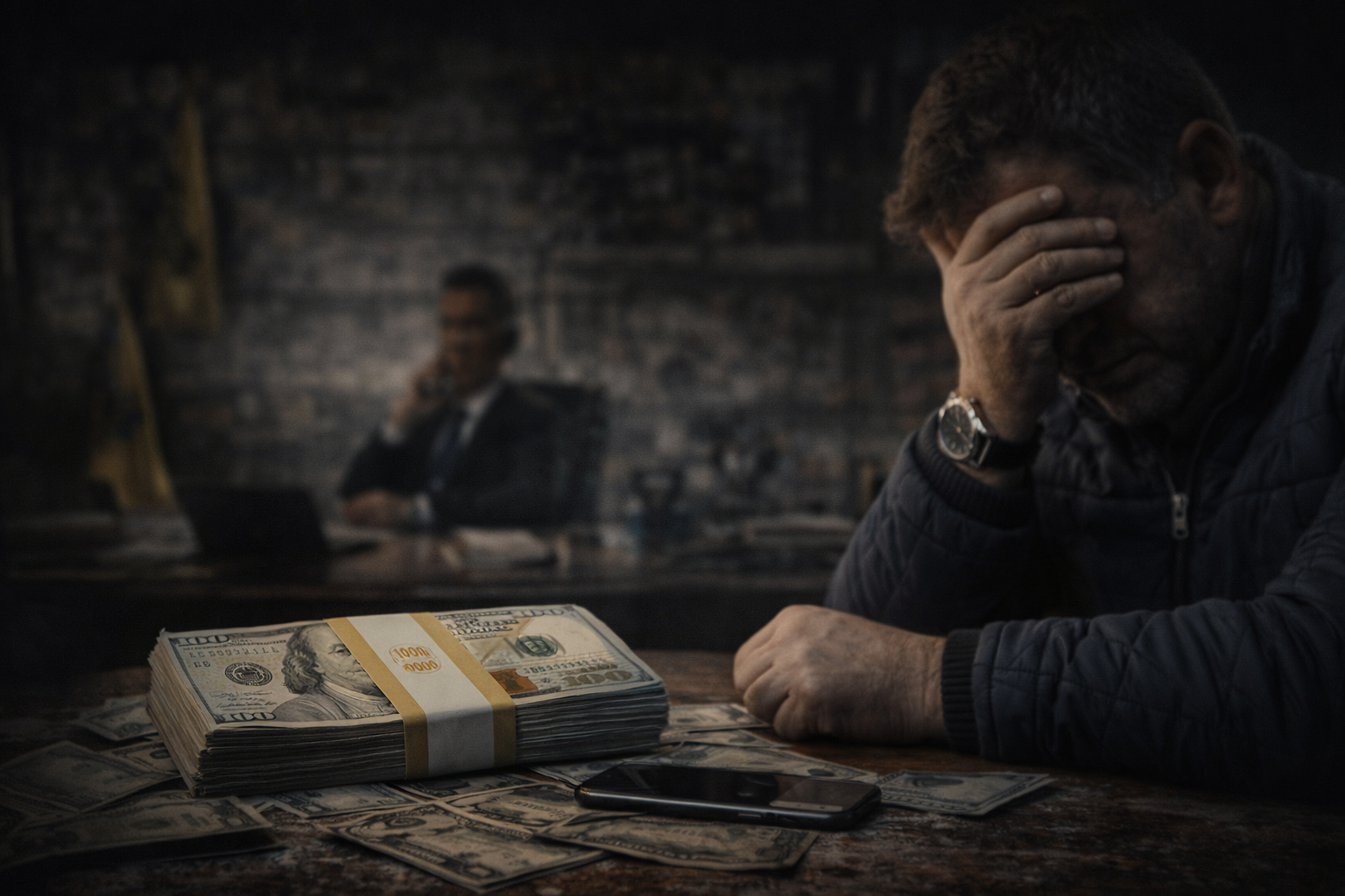 A tense moment with stacks of cash