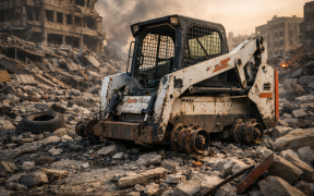 Abandoned Bobcat amidst urban rubble