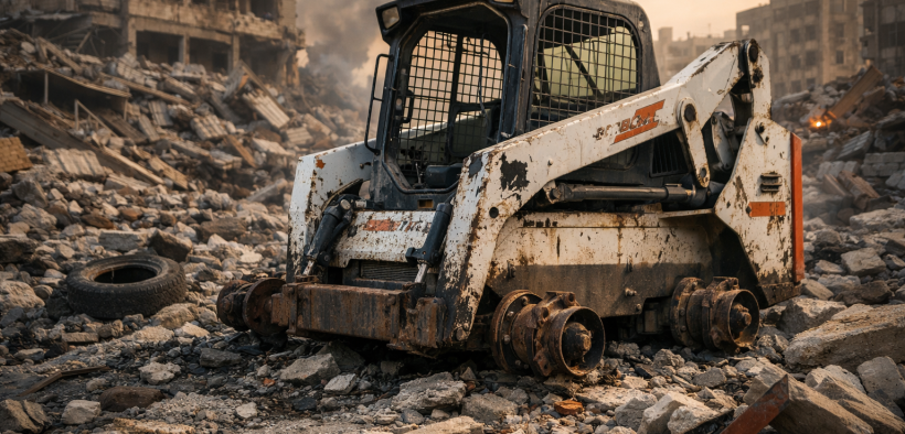 Abandoned Bobcat amidst urban rubble