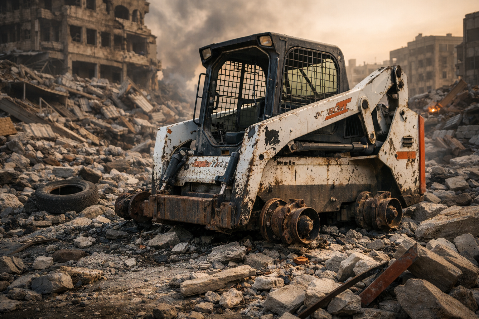 Abandoned Bobcat amidst urban rubble