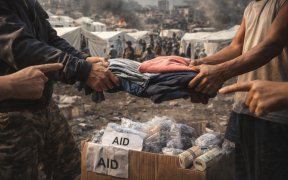 Clothes tug-of-war in refugee camp