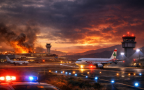 Contrasting airports at twilight