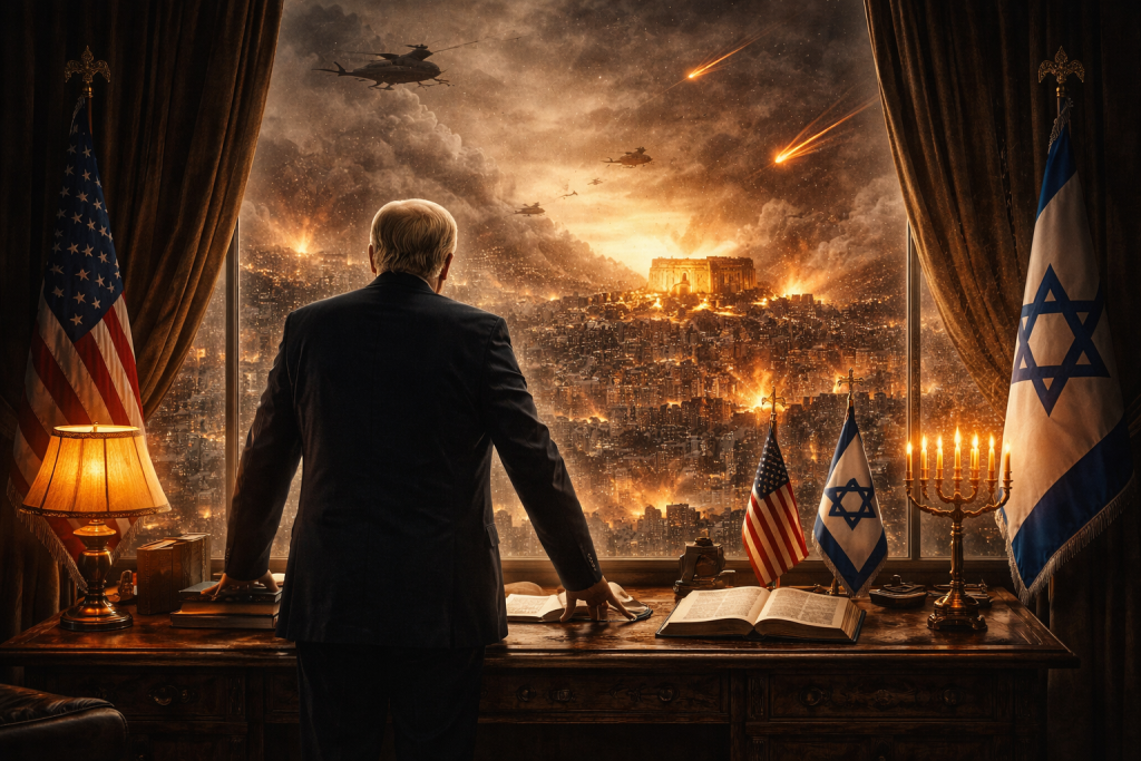 Leader watching over a burning city