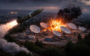 Missile strike on satellite facility at twilight