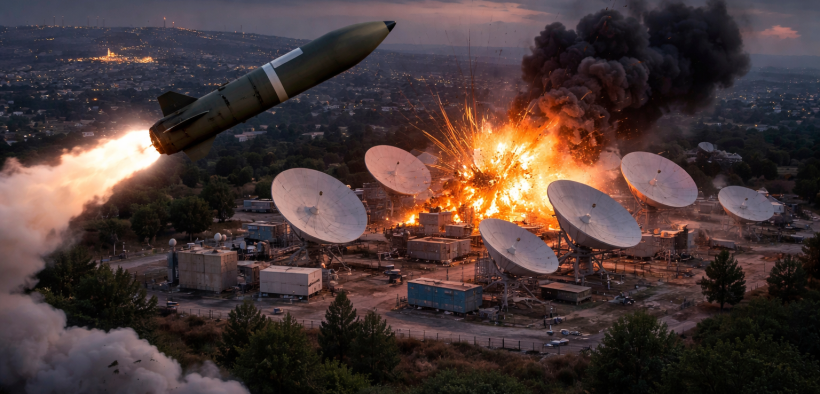 Missile strike on satellite facility at twilight