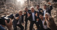 Politicians pose amid urban destruction