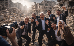 Politicians pose amid urban destruction