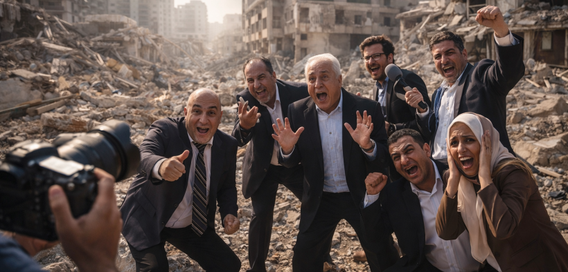 Politicians pose amid urban destruction