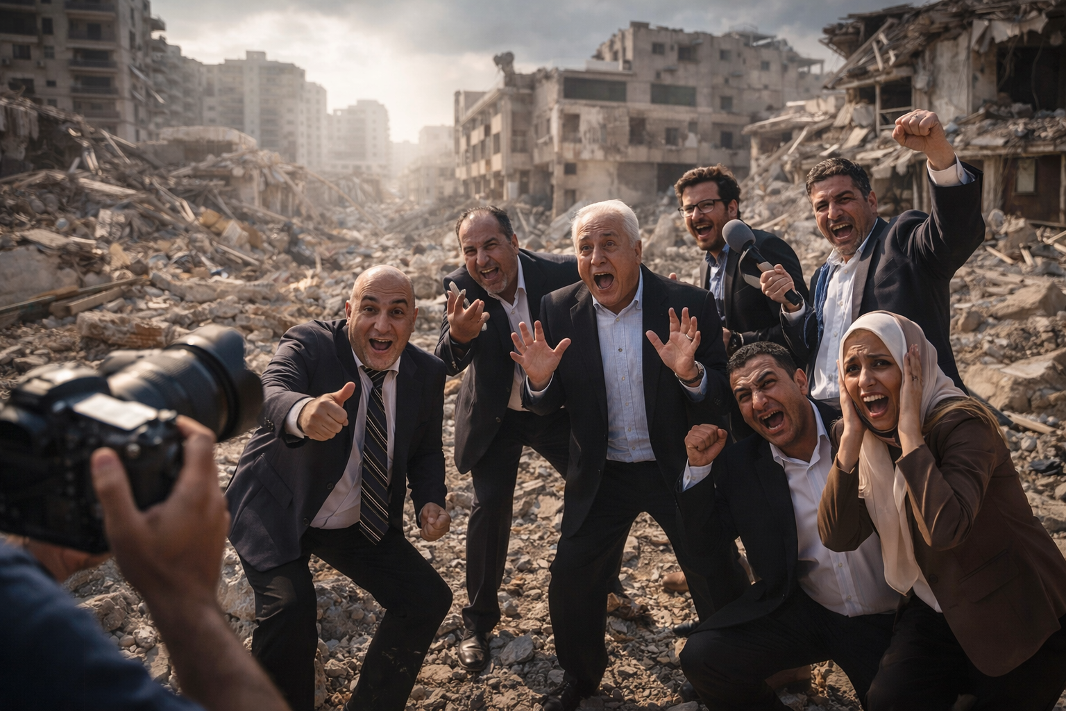 Politicians pose amid urban destruction