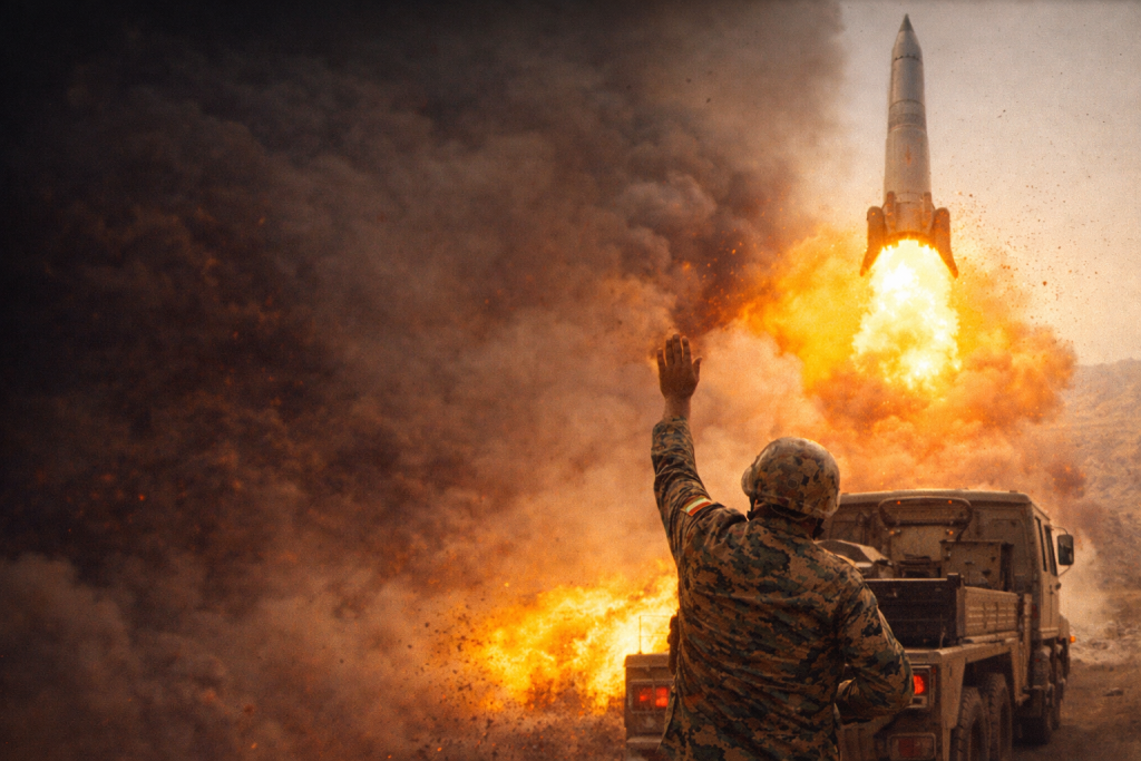 Soldier watches missile launch in desert