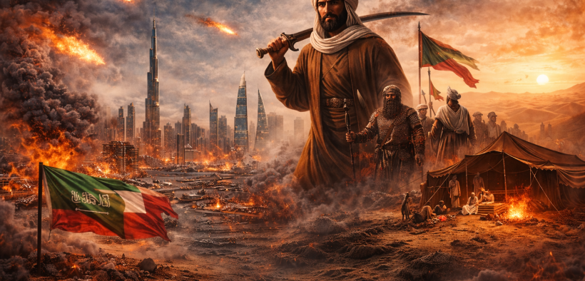 Warrior between flames and desert