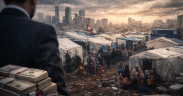 Refugee camp against city skyline