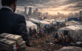 Refugee camp against city skyline