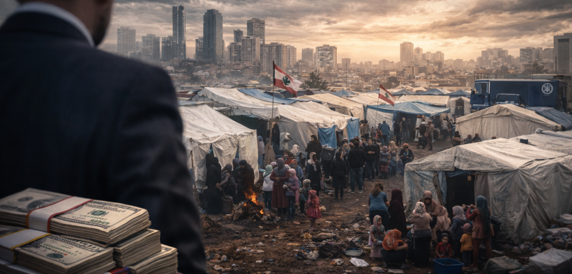 Refugee camp against city skyline