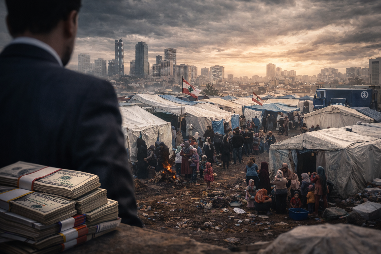 Refugee camp against city skyline