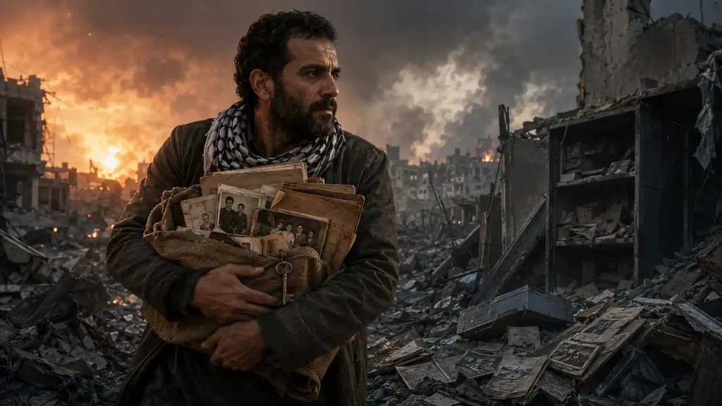 Survivor amidst a ruined cityscape