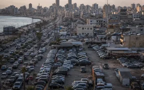Bustling city corridor with coastal view