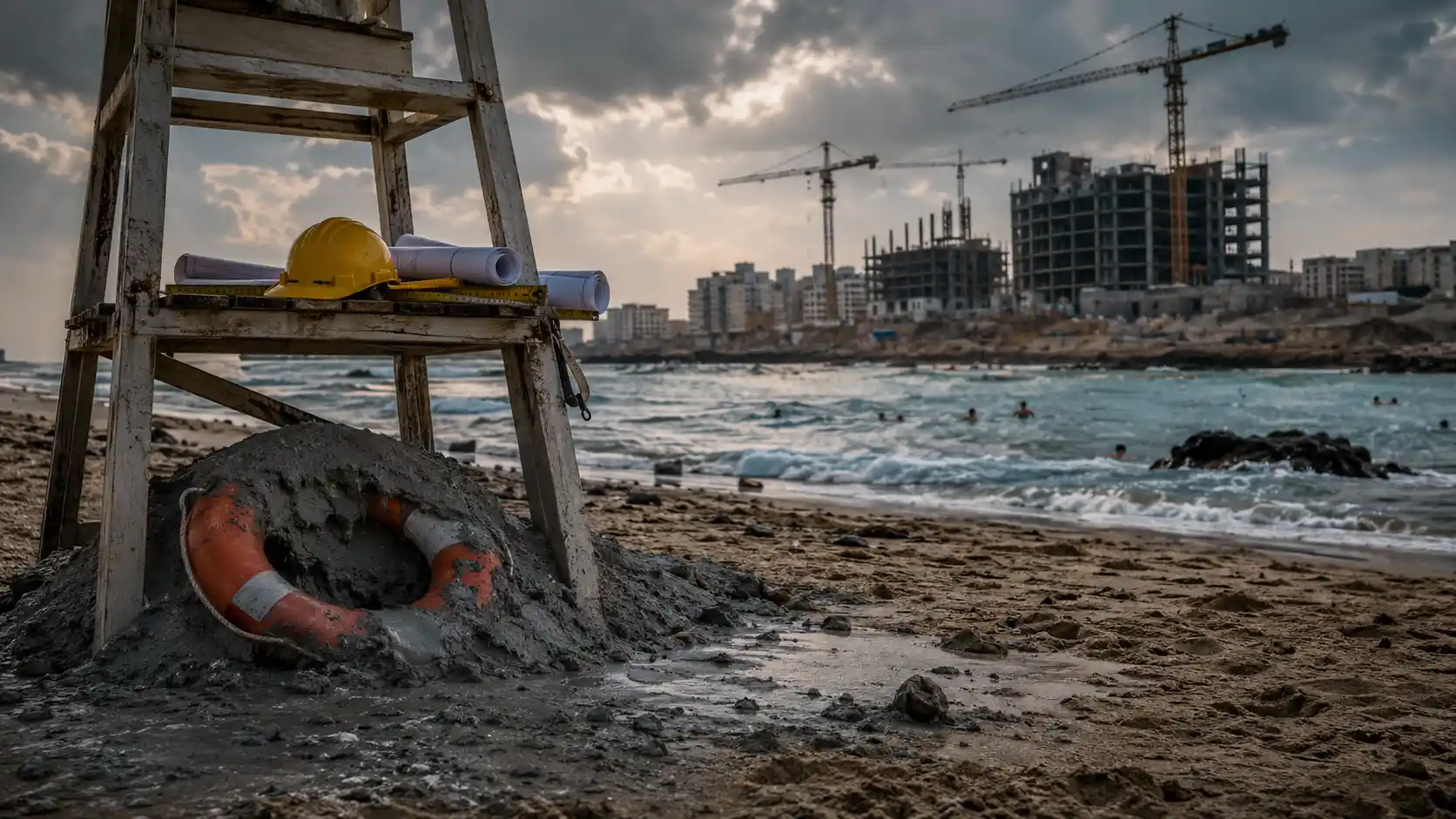 Construction beach with lifeguard tower