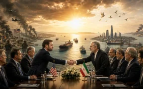 Diplomatic handshake amidst a turbulent landscape
