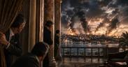 Dramatic view of war from luxury terrace