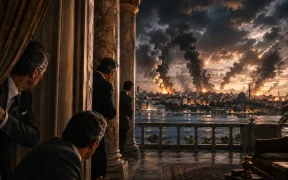 Dramatic view of war from luxury terrace