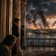 Dramatic view of war from luxury terrace