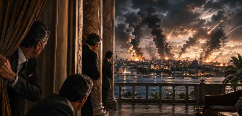 Dramatic view of war from luxury terrace