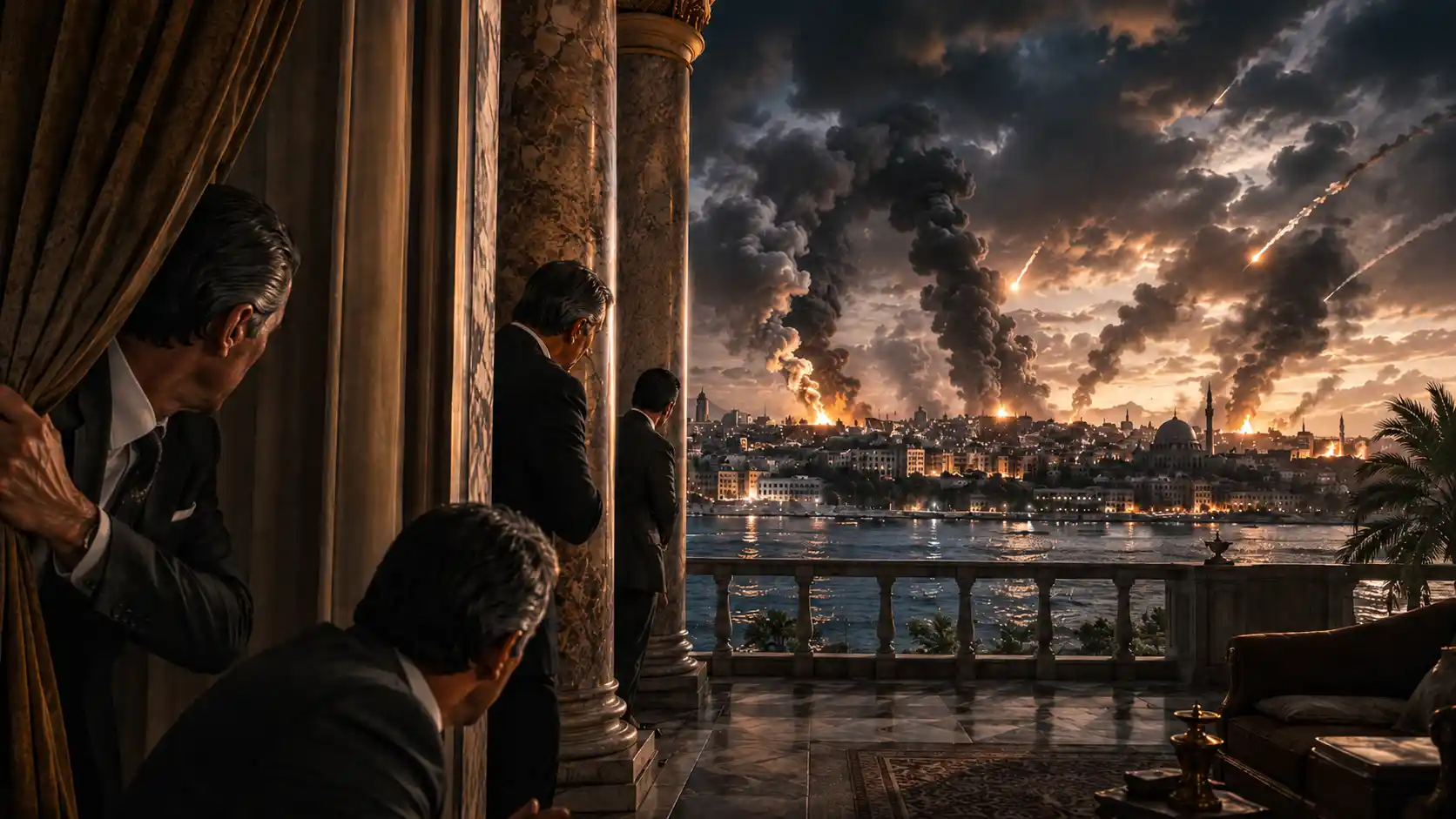 Dramatic view of war from luxury terrace