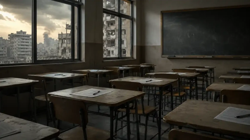 Forgotten classroom in a crumbling city