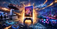 Futuristic cityscape with launch event energy