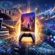 Futuristic cityscape with launch event energy