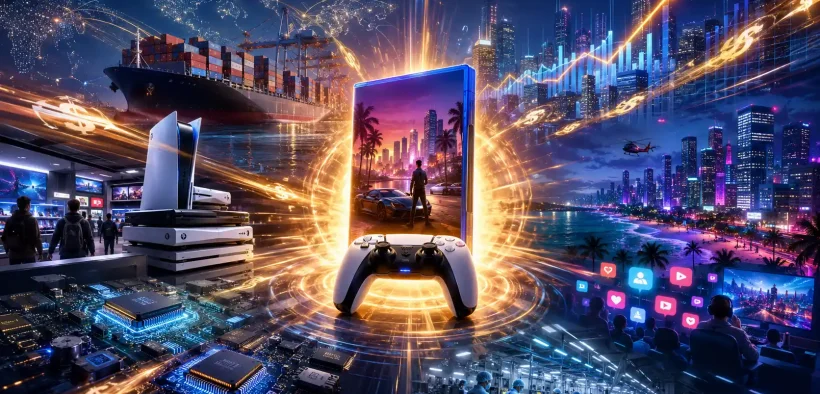 Futuristic cityscape with launch event energy