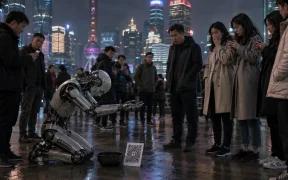 Robot at dusk in neon city