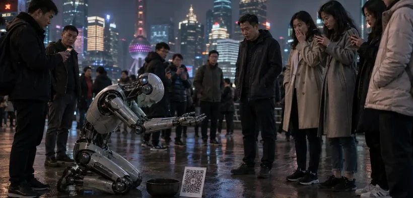 Robot at dusk in neon city
