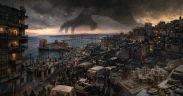 Stormy cityscape and looming shadows