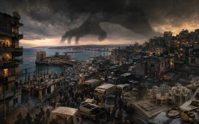 Stormy cityscape and looming shadows