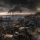 Stormy cityscape and looming shadows