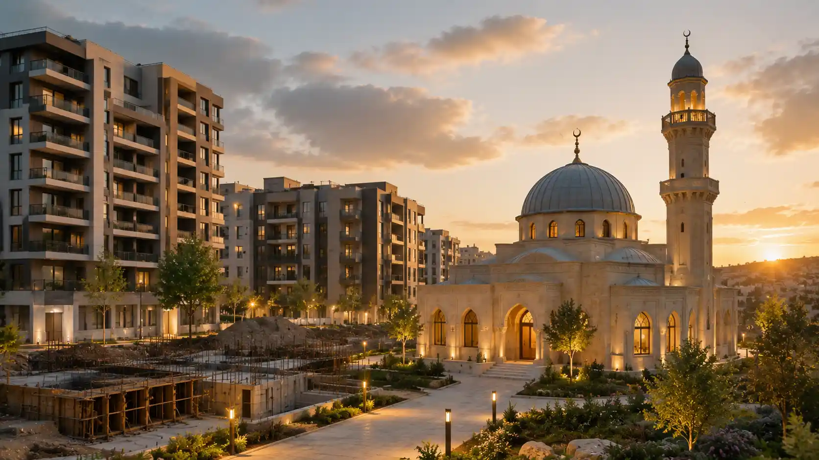 Tranquil sunset over modern urban neighborhood