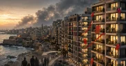 Coastal city at dusk with movement