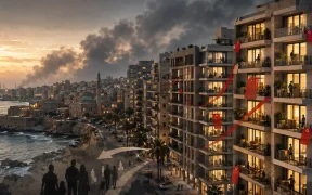 Coastal city at dusk with movement