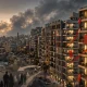 Coastal city at dusk with movement