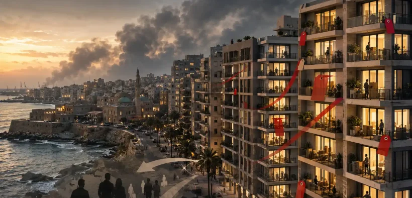 Coastal city at dusk with movement